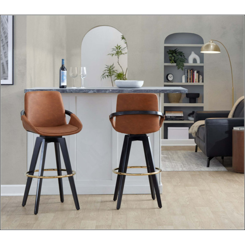 Tabouret de bar à hauteur fixe avec pivot en bois avec repose-pieds rond en métal - ensemble de 2