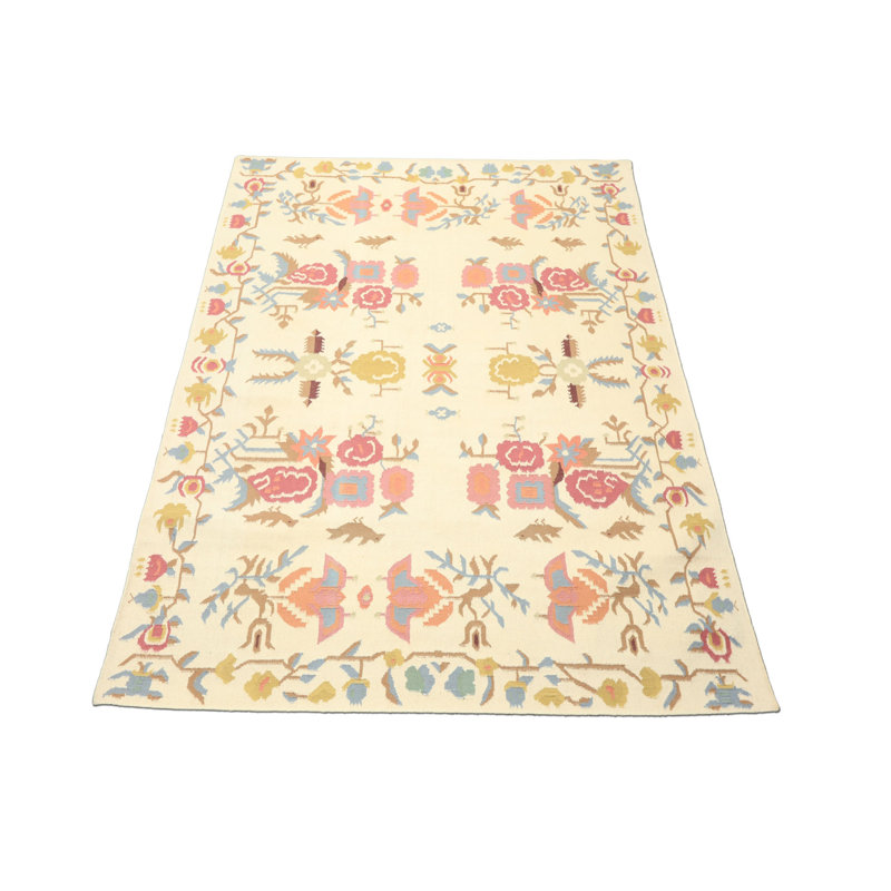 Tapis floral transitionnel kilim tissé à la main ivoire en laine 6 x 9
