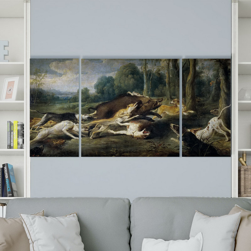 Chasse de sanglier-ensemble de 3 reproductions d’art sur toiles, H 40 po x l 80 po x P 1,5 po