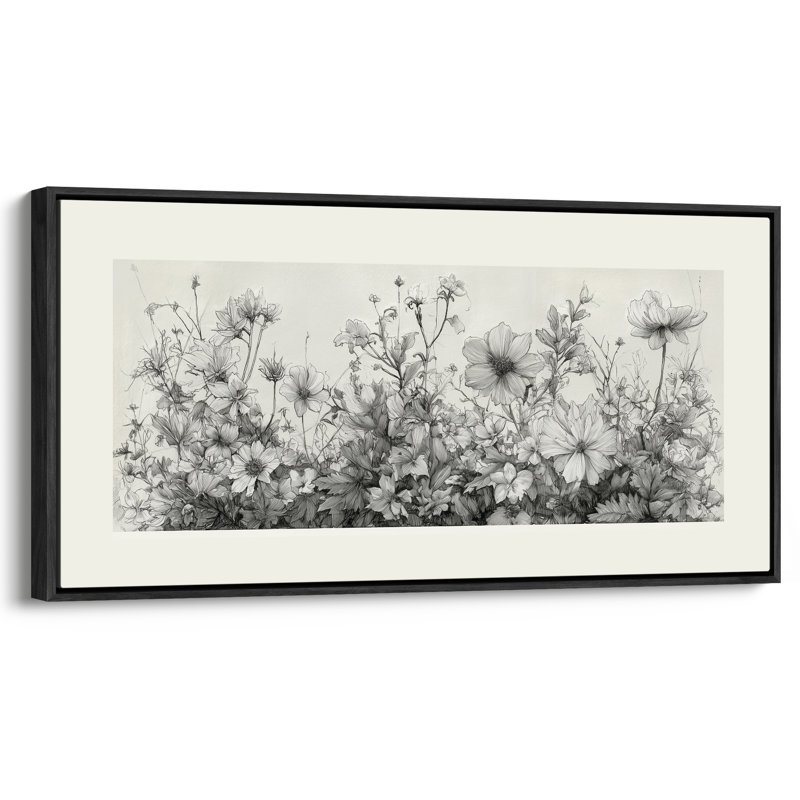 Art mural noir et blanc botanique de fleurs sauvages pour le salon ou la chambre à coucher, H 30 po x l 60 po, Noir