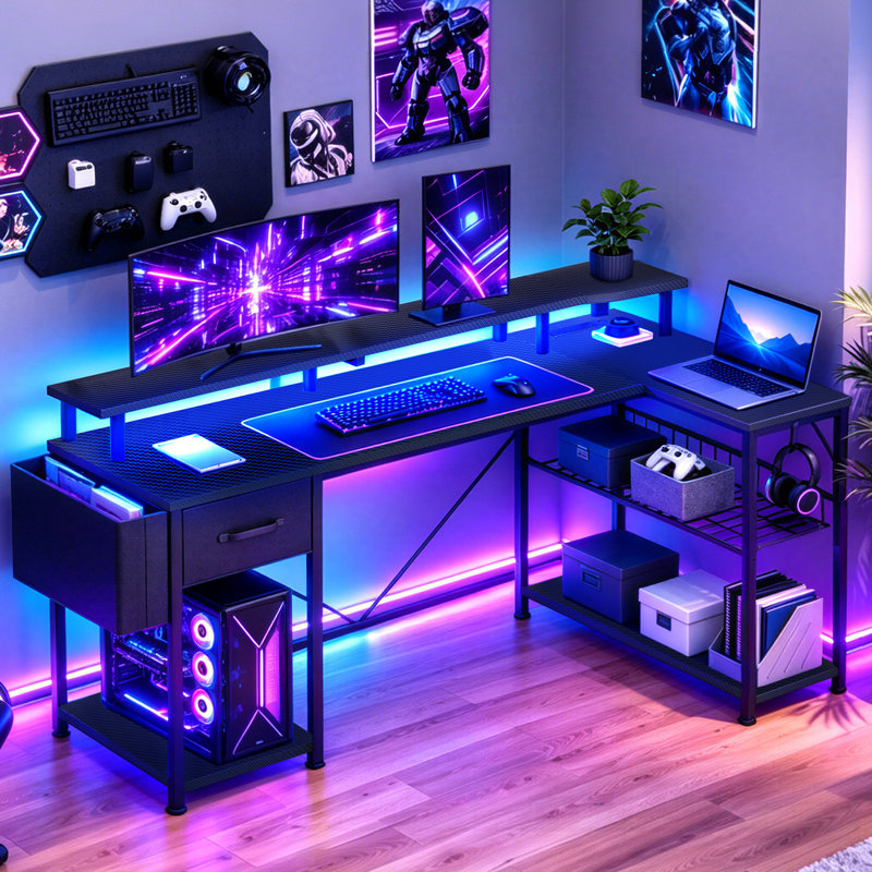 L-Shaped MDF Iron Computer Desk with Built-In Electrical Outlet, 92cm. H x 137cm. W x 50cm. D, Black