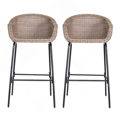 Ladd Outdoor Metal Wicker Barstool, Light Brown Faux Wicker, Set of 2