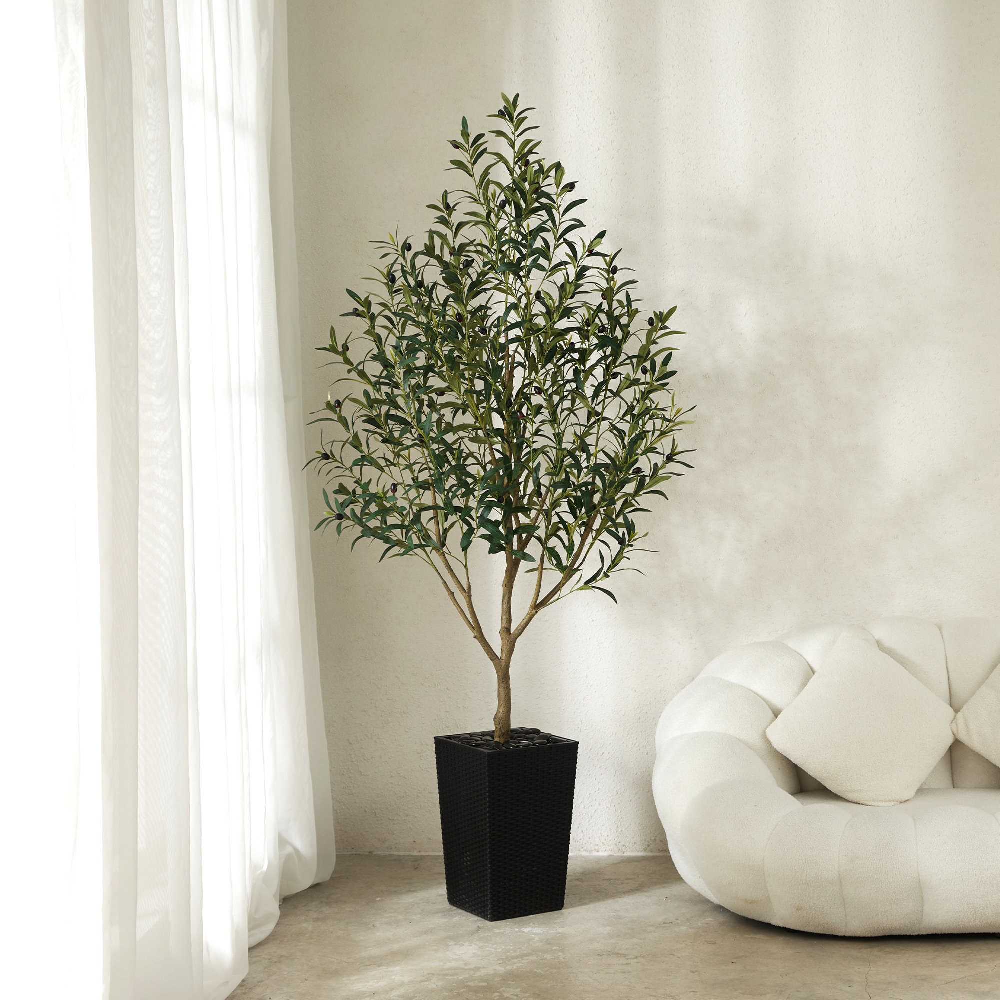 Adcock Artificial Olive Tree for Indoor & Outdoor Home Decor, Faux Olive Tree with Decorative Pot, Black