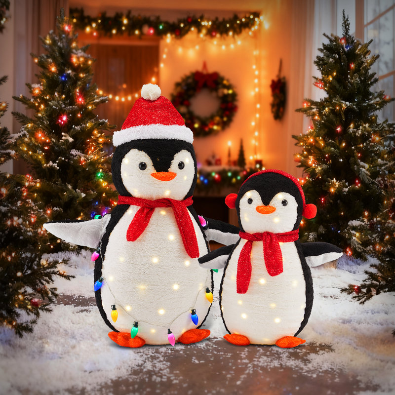 2 pièces décorées de pingouins de Noël illuminées, décor de pingouins de Noël en plein air, Blanc/rouge