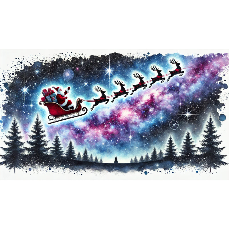 «Santa's Cosmic Sleigh Ride: Galactic Journey Over Winter Pines», art sur toile, H 24 po x l 42 po