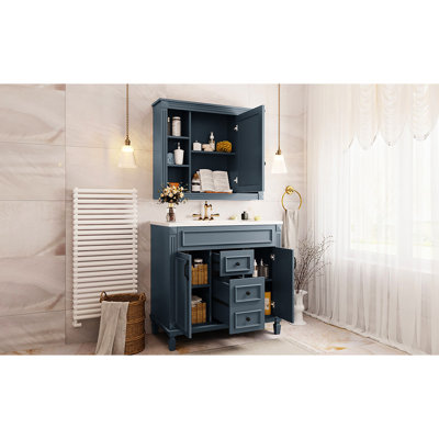 Meuble-lavabo de salle de bain avec lavabo et miroir, armoire bleue 36 po, armoire 2 tiroirs bleue, moderne