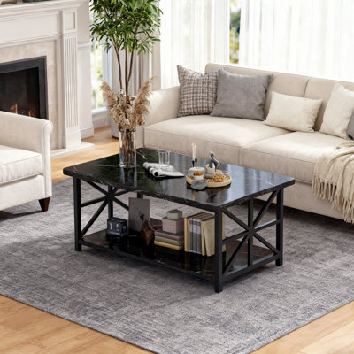 Coffee Table For Living Room, Modern 2-Tier Round Corners Center Table With Storage, Rectangular Living Room Table With Sturdy Metal Frame For Sofa Ho