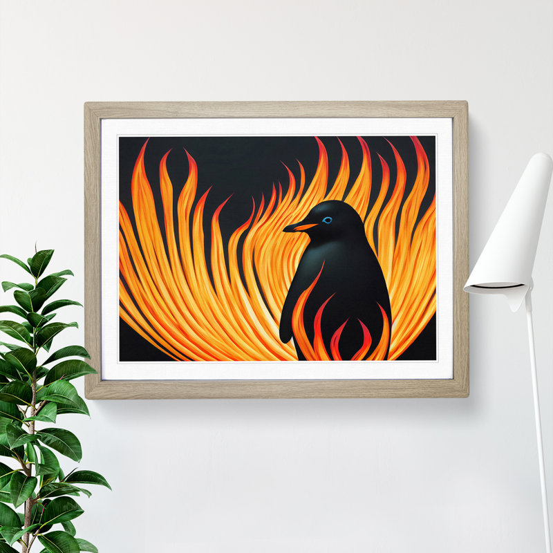 XH1022-6873X Penguin Flame Art - Single Picture Frame Print, Oak Framed, 46cm H x 64cm W x 2cm D