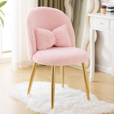 Faux Fur Vanity Chair with Pillow, with Golden Metal Legs for Bedroom Vanity Room
