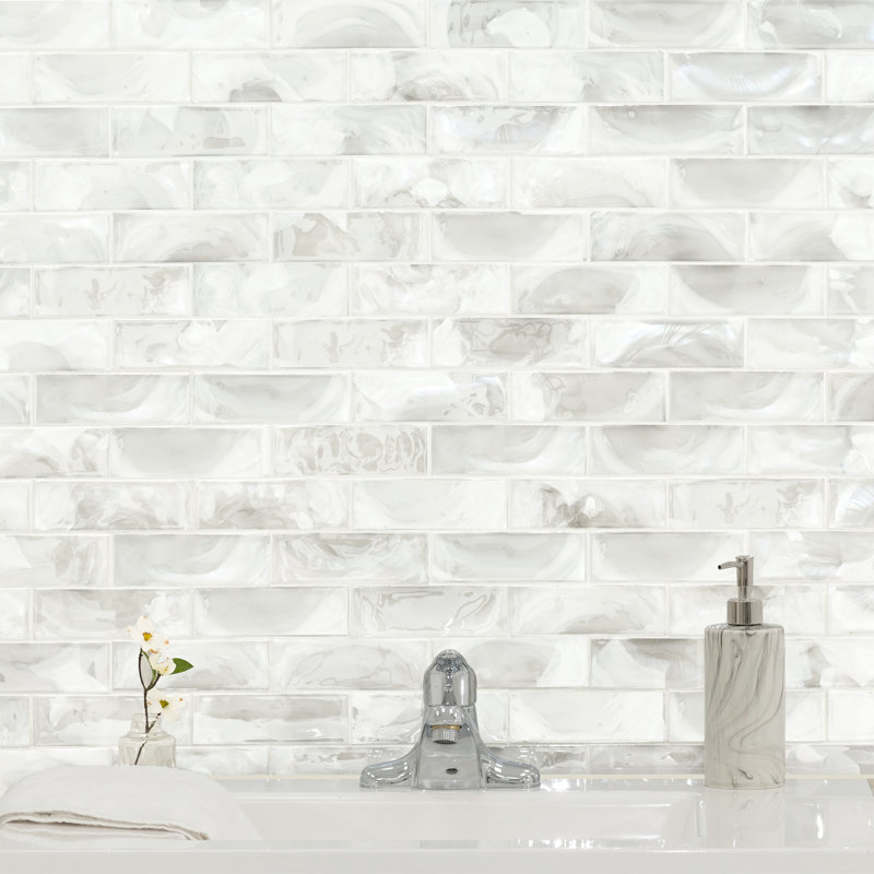 Nacre Blanc Subway 12 in. x 15 in. Glossy Glass Mosaic Wall Tile