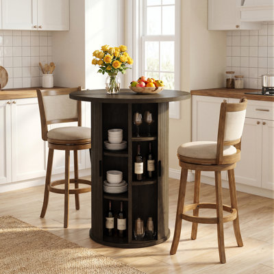 Table de bar 31,5 po à hauteur de comptoir ronde, table de bar à piédestal avec porte coulissante et rangement à vin intégré pour bar à domicile
