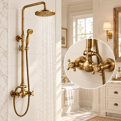 Ensemble de robinet de douche en laiton antique Mosson avec mélangeur de corps de gourde, pomme de douche à pluie cloutée de 8 pouces et douche à main en laiton massif, système de douche à barre coulissante Vintage