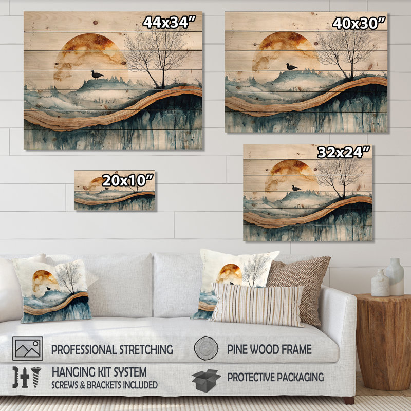 «Goose Animals Into A Winter Horizon I», reproduction sur bois d'un animal d'oie - sur bois de pin naturel, H 10 po x l 20 po