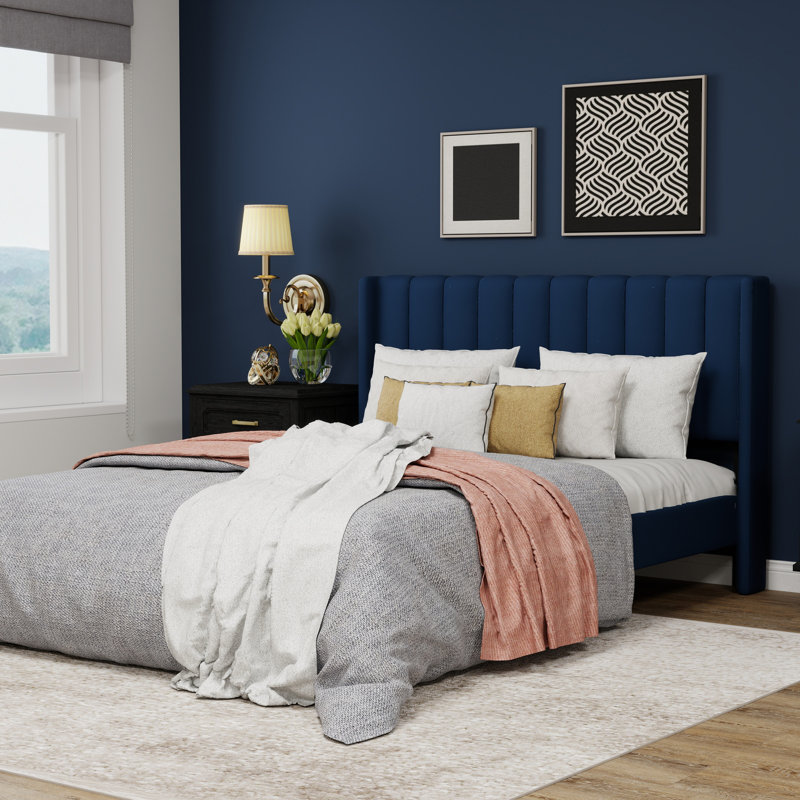 Upholstered Wingback Platform Bed, Blue, Queen