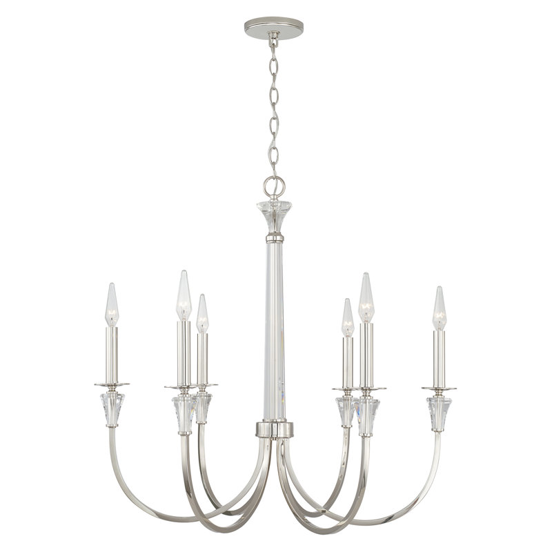 Lustre 6 lumières avec colonne en cristal et bobeches