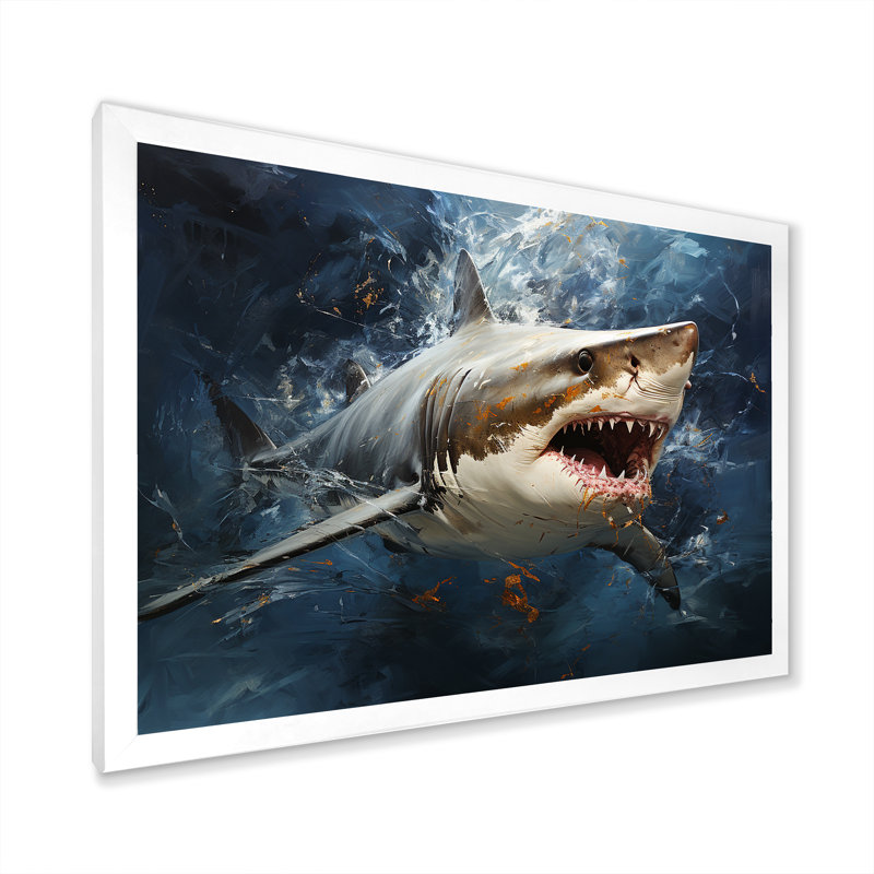 Underwater Shark Attack III - Sharkwall Art, 12" H x 20" W x 1" D, White Closed Corner Framed