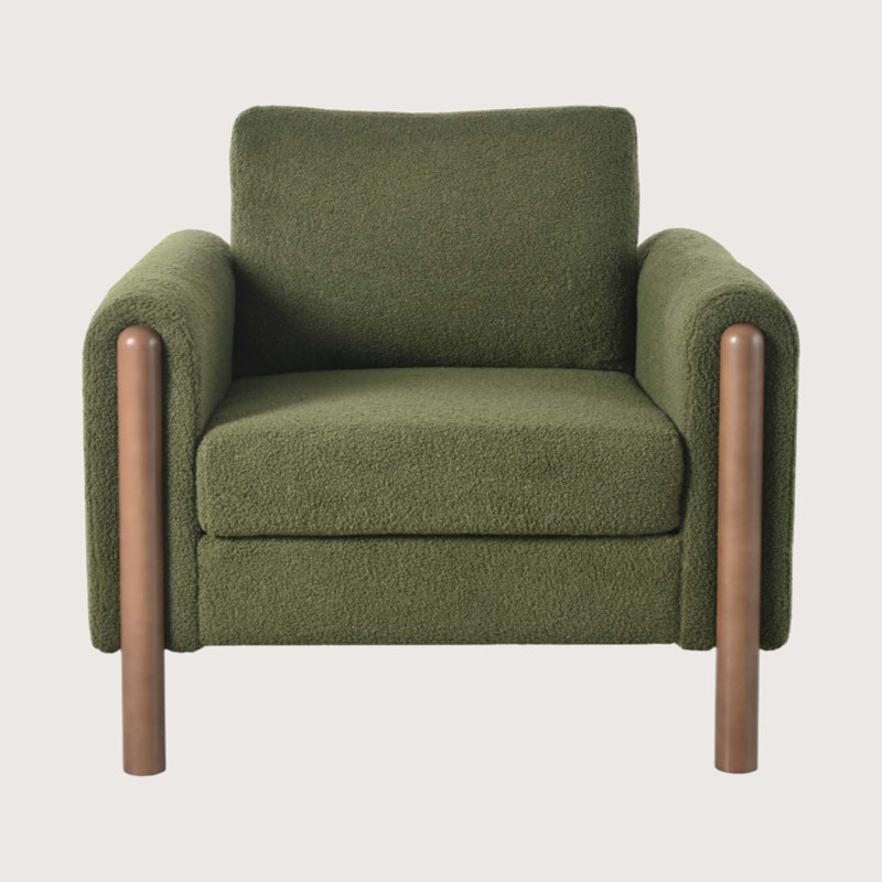 Elara Modern Oversized Upholstered Accent Chair with Curved Handrail and Wooden Legs, Green Teddy