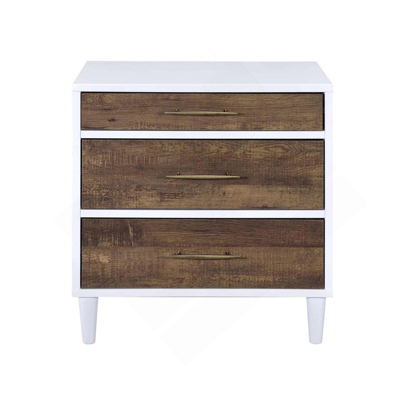 Table de chevet bicolore avec 3 tiroirs, blanc et chêne vieilli