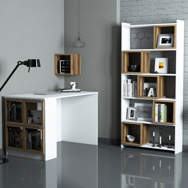 Ensemble de bureau et bibliothèque Modern Study, blanc et noyer, bureau: 47,2 po x 29,5 po x 25,6 po, bibliothèque: 31,5 po x 66,9 po x 8,7 po | Panneau de particules 100% enduit de mélamine, design durable et élégant, parfait pour les bureaux à domicile et les espaces d'étude