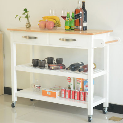 Îlot de cuisine et chariot de cuisine, plateau en bois d'hévéa, îlot de cuisine mobile avec deux roues verrouillables, conception simple pour un rangement et une récupération faciles, deux tiroirs offrent un rangement unique pour les ustensiles spéciaux.