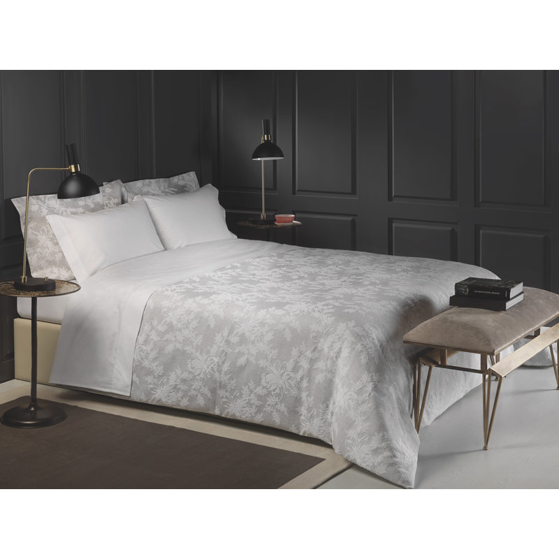 Shetler Cotton Floral Duvet Cover Set with Pillowcases, Grey, Single Duvet Cover + 1 Standard Pillowcase