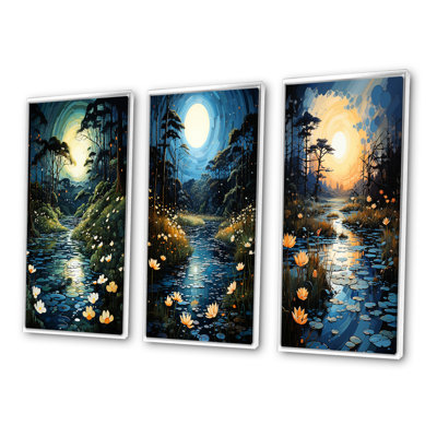 «River Pointillism Charm At Night», 3 pièces sur toile