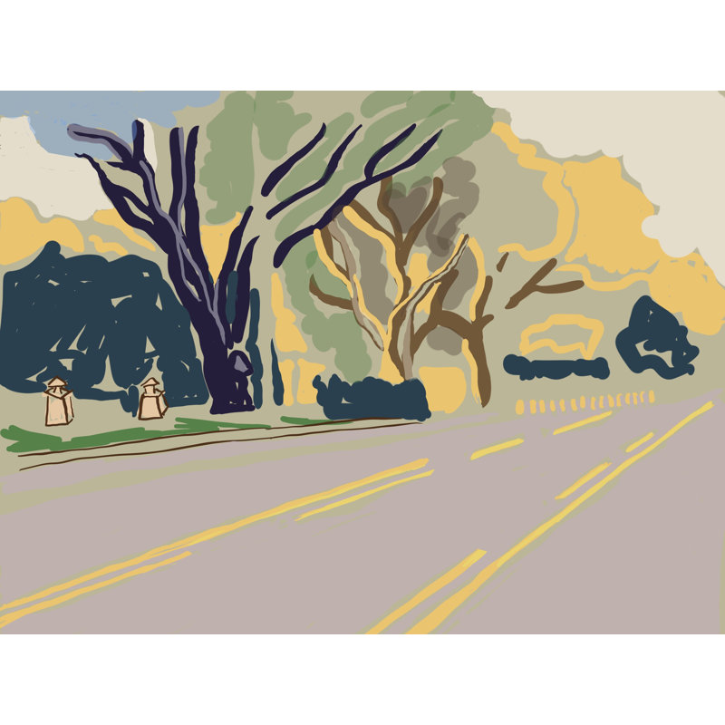 Coucher de soleil sur la courbe par Deborah Blum, H 17,25 po x l 21,25 po, Papier avec cadre noir