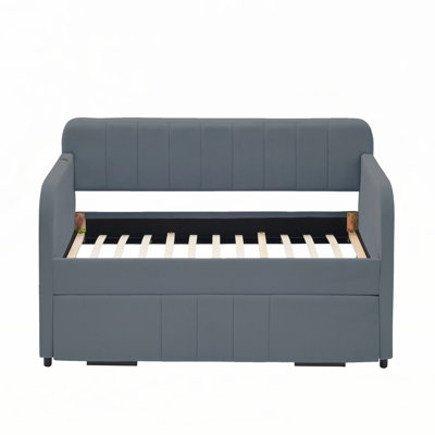 Velvet Upholstered Storage Daybed with Trundle,Side Pocket