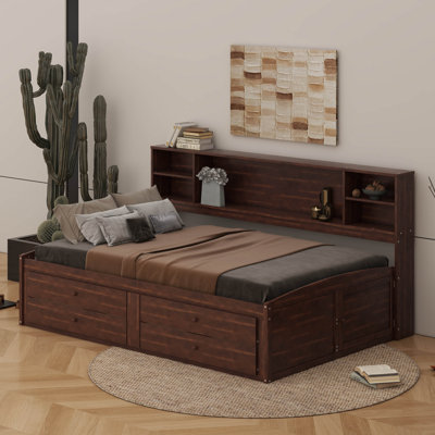 Full Size Wooden Captain Bed With Storage Shelves, 4 Drawers And 2 Cabinets