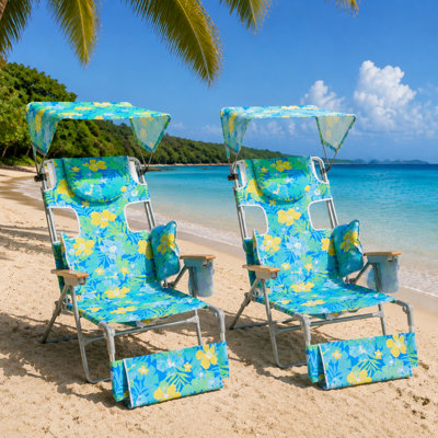 Oversized Folding Backpack Beach Chair With Face Opening, 5-Position Tanning Lounger & Cup Holder, Portable Outdoor Beach Chair(Set Of 2, Floral)