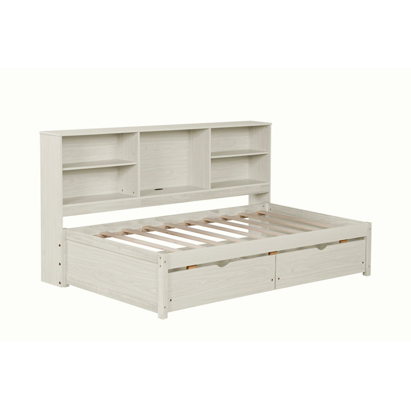 Bed Frame With Side Bookshelves, Two Drawers, And Built-in USB Port, Twin