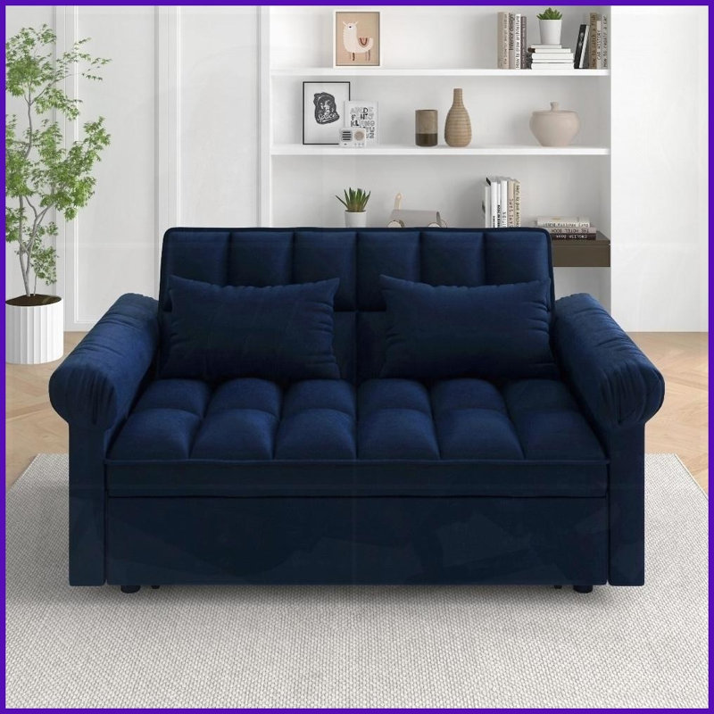 Modern Flannel Loveseat Sofa Bed with Adjustable Back &amp; Pull-Out Sleeper for Living Room