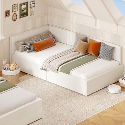 Twin Corner Bed Frame with Headboard, Bed Frame with Bed Rails, Velvet Upholstered Sofa Bed with Guardrail for Bedroom, Guest Room