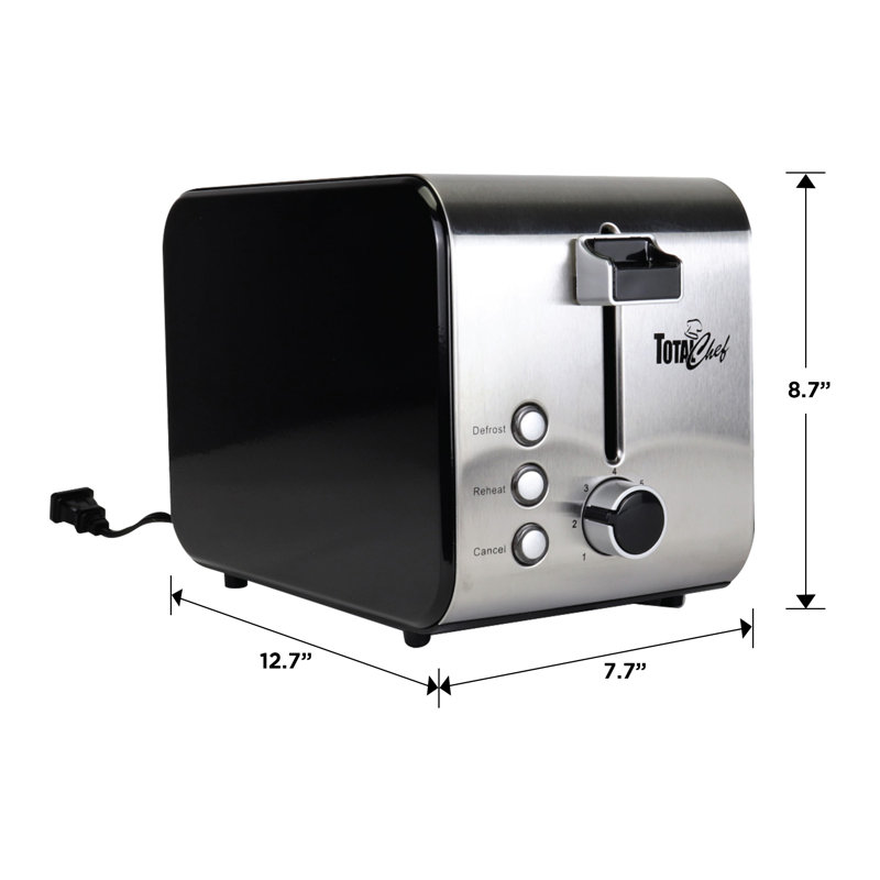 Total Chef 2 Slice Stainless Steel Toaster with Compact Wide Slot & 7 Shade Settings