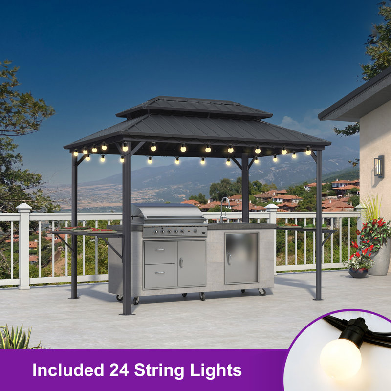 Aluminum Hardtop Grill Gazebo with Lighted, Gray, 6' x 10'