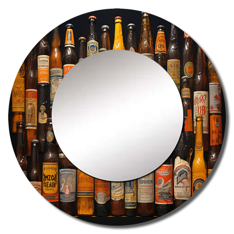 Shadoe Beer Bottles Collage IX - miroir unique à bière, grand miroir mural rond orange, impression d'art en métal