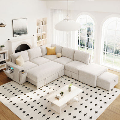 L-Shaped Padded Modular Pull Out Sofa Bed With Storage Space, USB Ports And Cup Holders On The Armrests