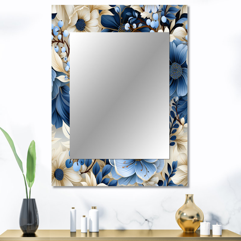 Battersby blanc et bleu motif renoncule de faune - grand miroir floral, miroir mural décoratif floral, impression d'art en métal