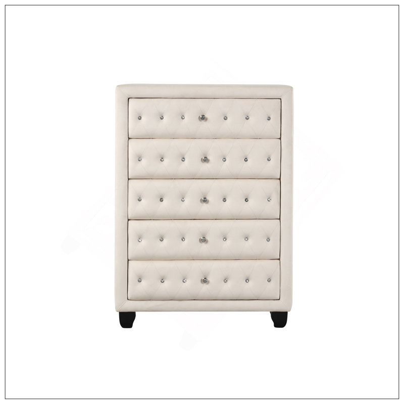 Commode capitonnée en cristal de style moderne avec 5 tiroirs et tissu en velours, Crème, crème