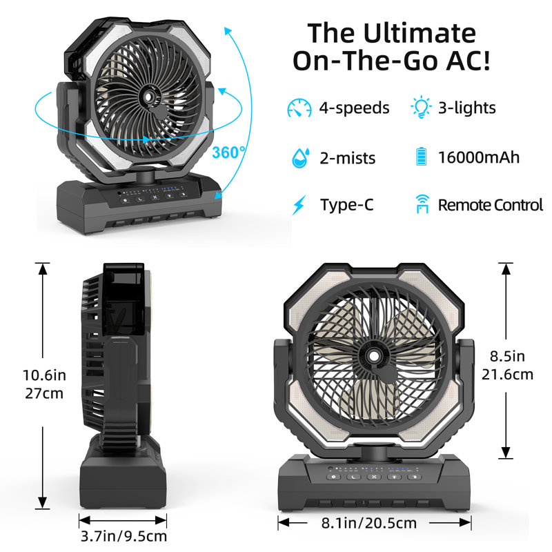 16000mAh Rechargeable Camping Misting Fan, 250ml Water Tank,4 Speed, Remote Control, Timer, 4 LED Brightness, Black