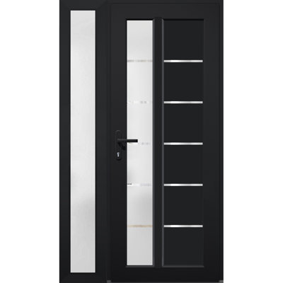 Porte d'entrée extérieure prémontée en fibre de verre, verre dépoli, Manux 8088, noir mat, fenêtre latérale extérieure, portes d'entrée pour bureaux, commerces et résidences, patio, garage - L 36 + 16 x H 80 - Ouverture à droite vers l'intérieur