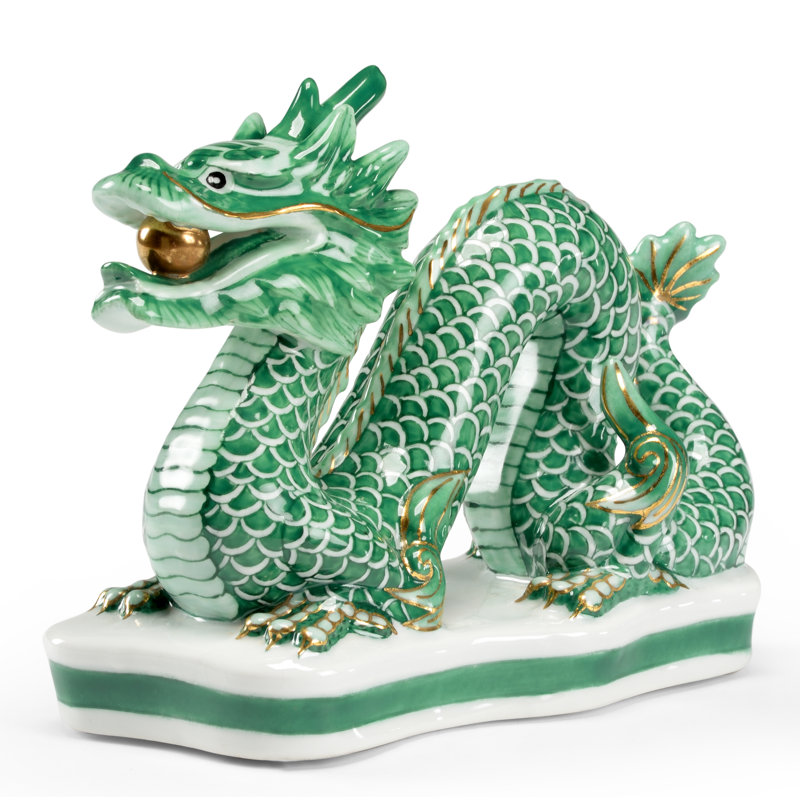 Dragon Figurine, 6.5" H x 9" W x 4" D, Green/White