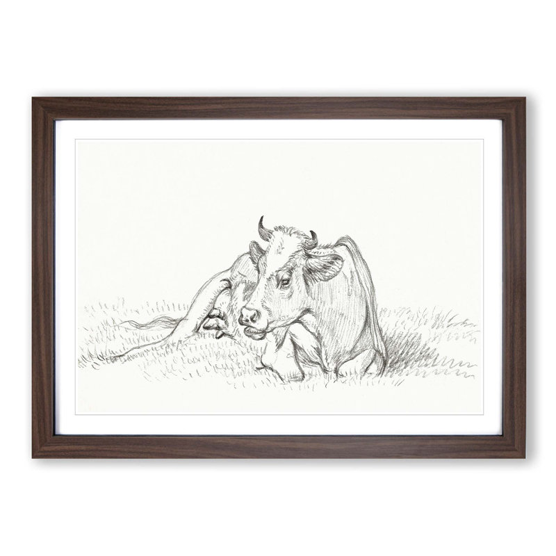 Sketch of a Resting Cow by Jean Bernard - Picture Frame Drawing Print, Walnut Framed, 48cm H x 65cm W x 2cm D