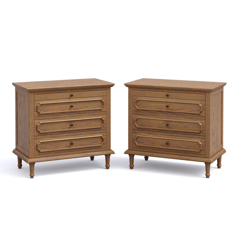 Table de chevet en bois massif à 3 tiroirs de l 28,3 po avec station de chargement USB intégrée et tablette coulissante, table de bout traditionnelle pour chambre à coucher, salon, entièrement assemblée (ensemble de 2)