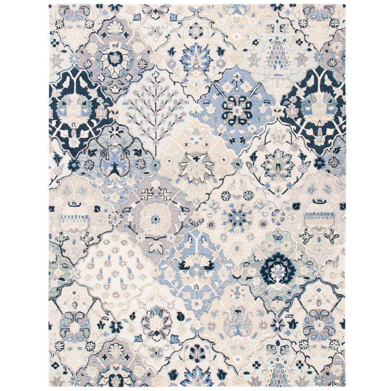 Tapis gris / ivoire / bleu en laine touffeté à la main Taumsauk, Rectangle 8 pi x 10 pi