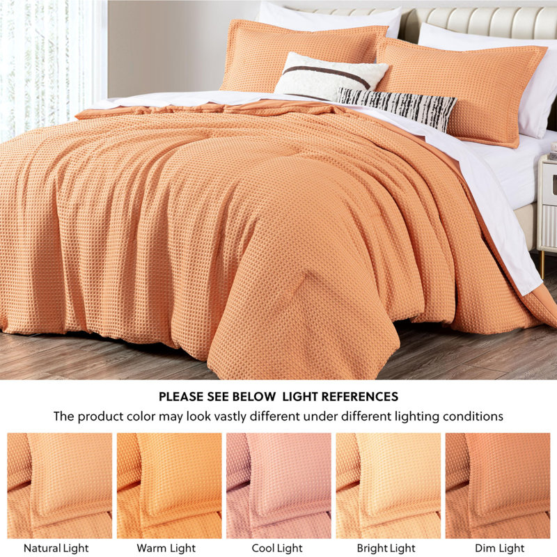 Wilmer Waffle Weave Textured Comforter Set, Queen Comforter + 2 Standard Shams, Toffee