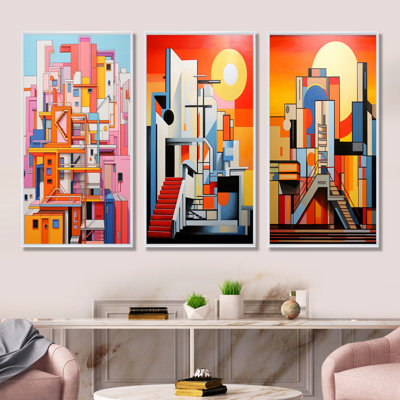 «Theatres Sunrise De Stijl - Factories», ensemble de 3 reproductions d'art sur toile