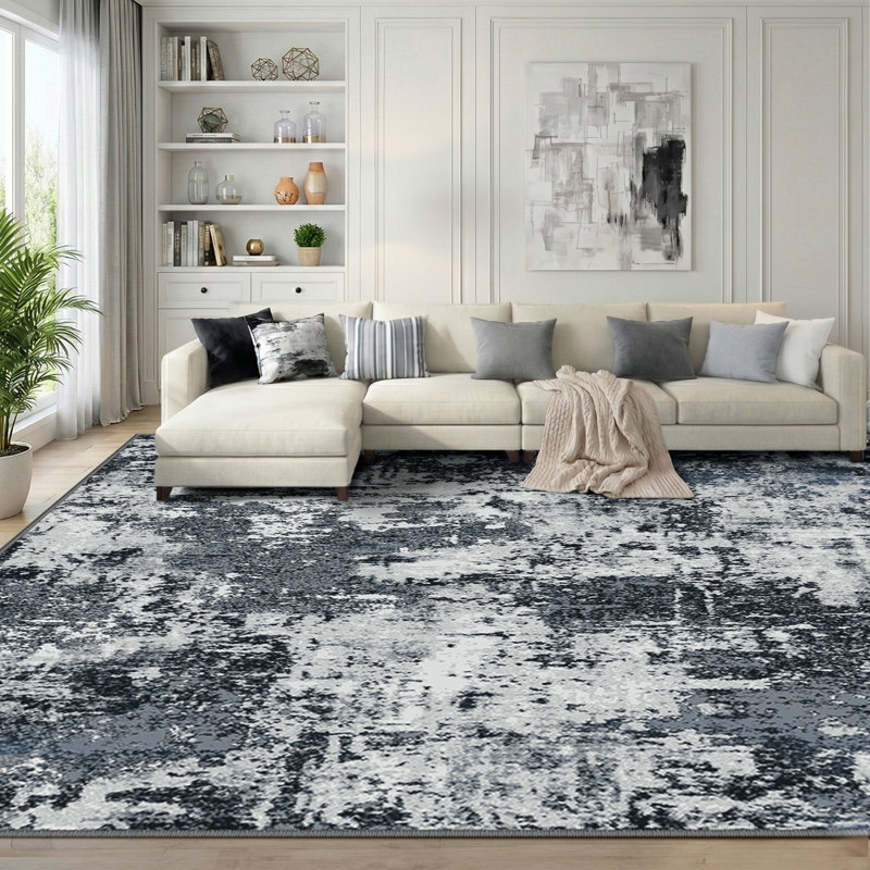 Modern Abstract Printed Area Rug Non-Slip Machine Washable Low Pile for Living Room Bedroom, Rectangle 6' x 9', Black