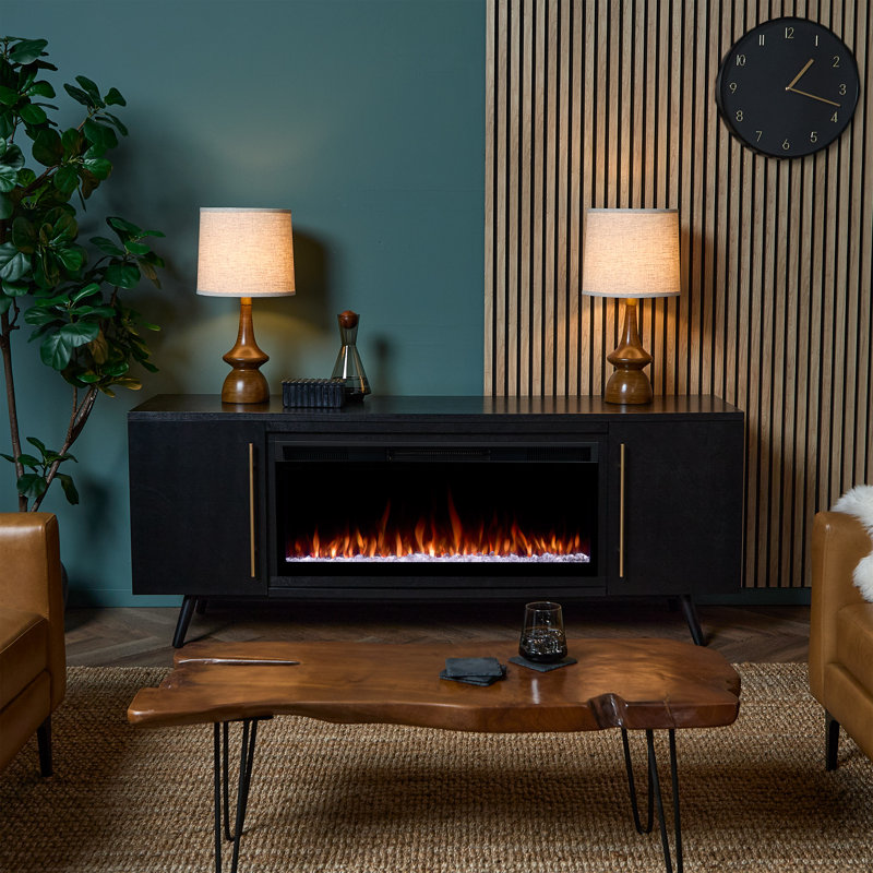 Morris 72" Mid-Century TV Stand with Electric Fireplace by Real Flame, Black, Smart