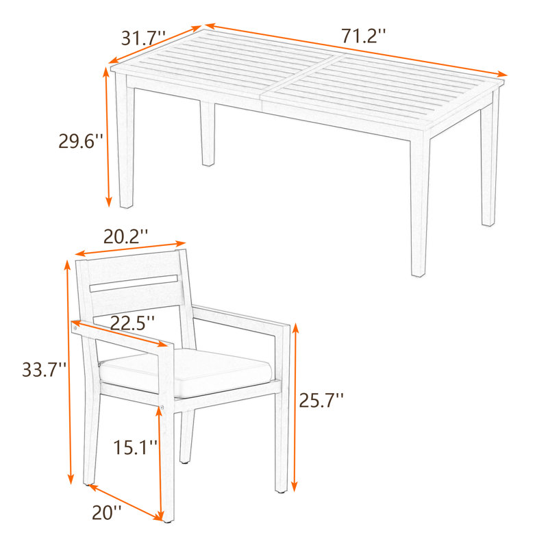 Ensemble de salle à manger d'extérieur en bois d'acacia 7 pièces avec chaises rembourrées et conception peu encombrante, Gris